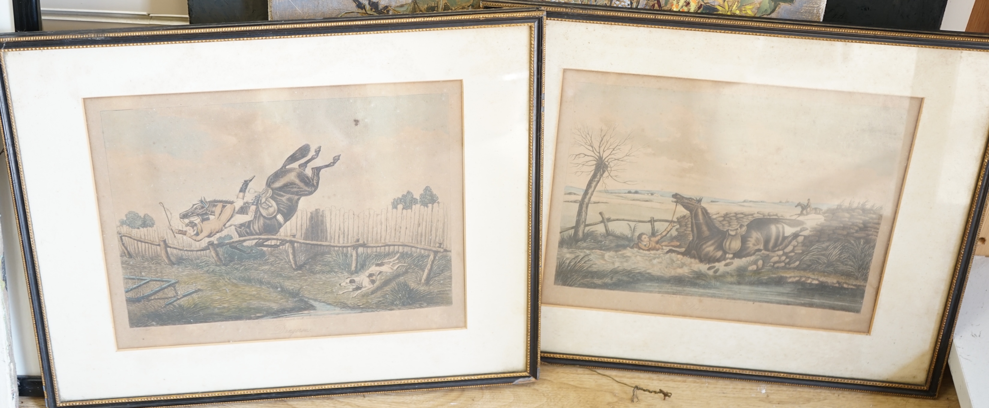 After Henry Alken (1785-1851), pair of colour prints, 'Unpleasant' and 'Dangerous', 24.5 x 31cm. Condition - poor